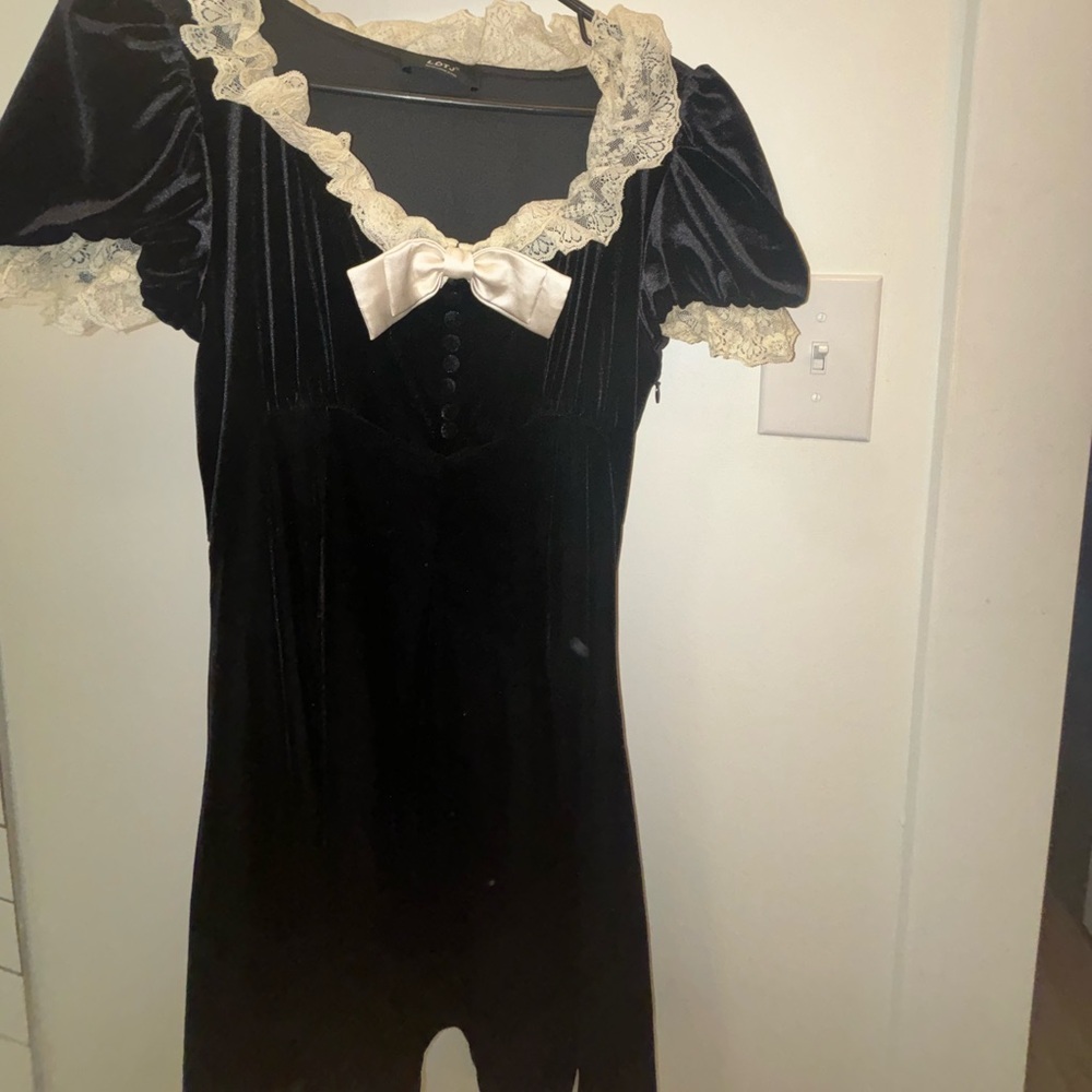 Black Velvet Nightdress with Ivory Lace Trim and Bow